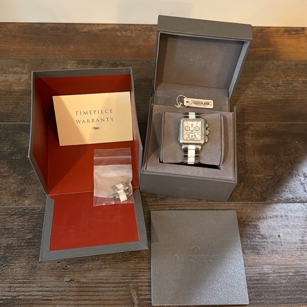 Michele Deco Silver and White Chronograph Watch